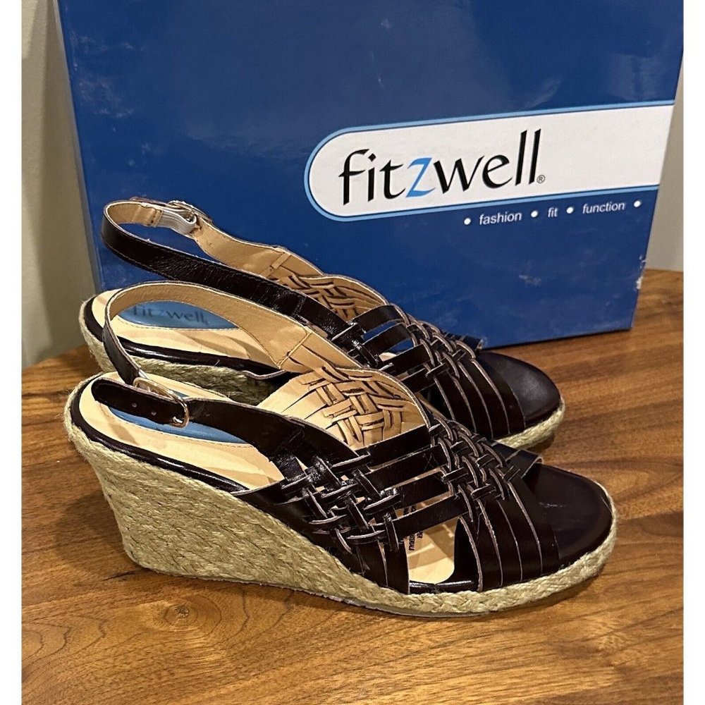 NIB Fitzwell Bombay Brown Glazed Leather Wedge Espadrille Sandals Shoes, 9.5 NEW